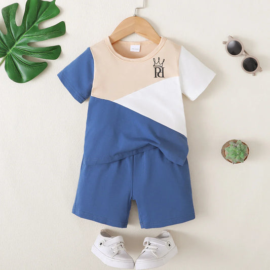 2PCS Handsome Child Boy Clothes Set Color Block Short Sleeve T-shirt+Shorts Fashion Summer Leisure Time Outfit Kid Boy 1-6 Years