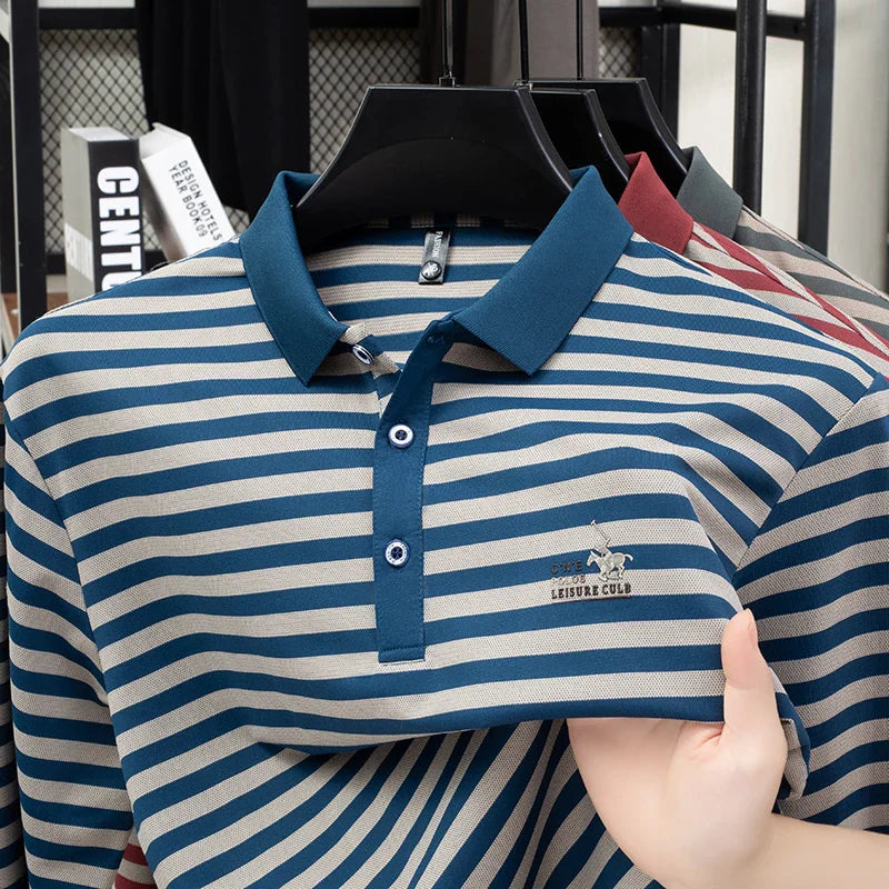 2025 new spring and autumn season new men's striped long sleeved T-shirt business casual lapel polo shirt base top