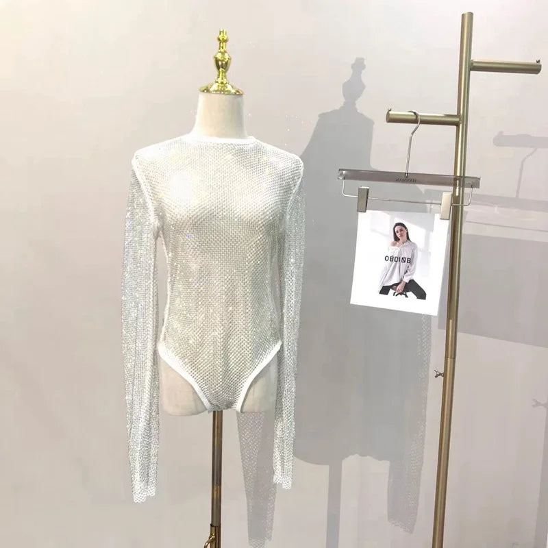 Women's Shiny Rhinestone Fishnet See-Through Bodysuit Mesh Fashion Sexy Bodysuit