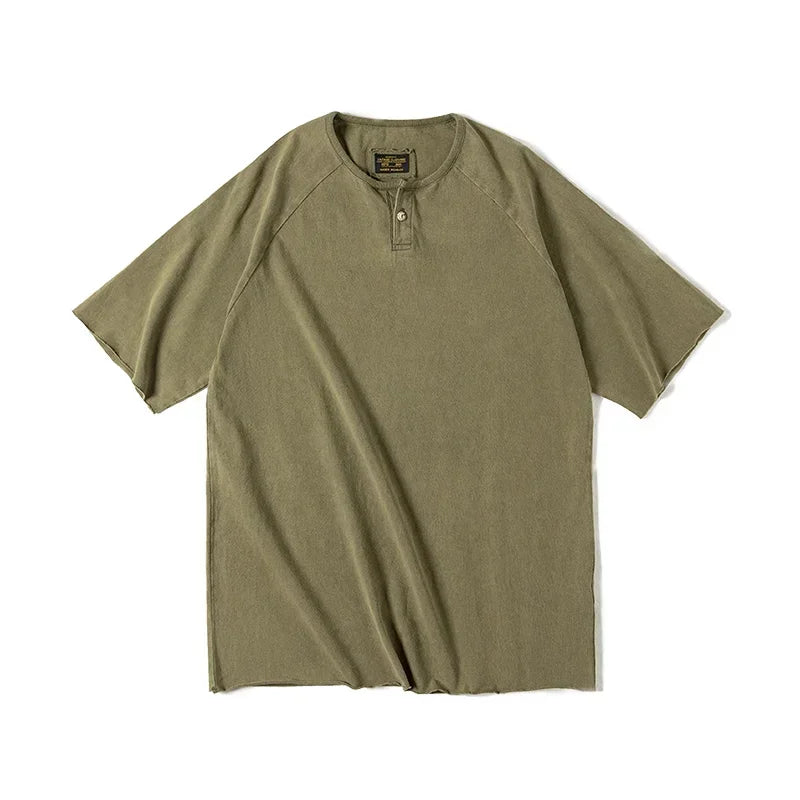 Japanese Vintage Heavyweight Henley T-Shirt Men Distressed Loose Short Sleeve Tops Casual Button Cotton Washed Tee Shirts