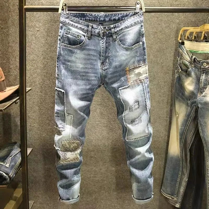 Calça Jeans Masculina Casual Slim Respirável de Alta Qualidade com Estampa Retrô Esportiva de Perna Reta, Tendência de Nova Moda Primavera e Outono
