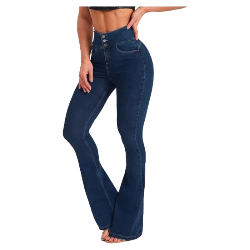 Fashion High Street Simple Spring Jeans Pants Women Solid Color High Waist Pocket Button Slim Flared Trousers