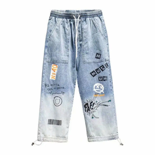 Korean Clothing Men Letter Printed Jeans High Waisted Baggy Jeans Cartoon Graffiti Hip-Hop Pants Blue Jeans