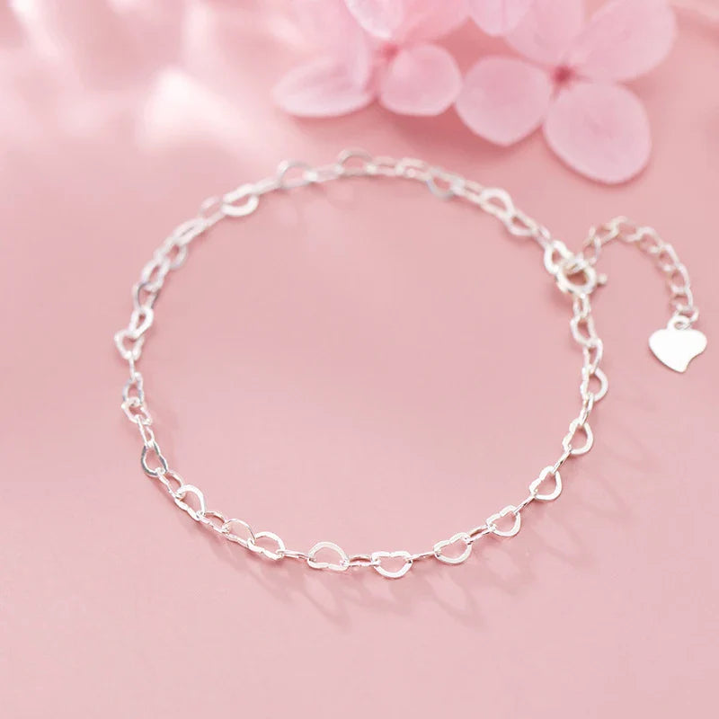 Authentic 925 Sterling Silver Simple Hearts Bracelet for Women Gift Fashion Adjustable Link Chain Bracelet Fine Jewelry