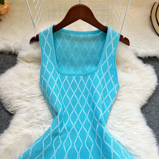 Fashion A-line Short Women Dress Elegant Y2K Geometric Knitted Summer Dress Female Harajuku Black Party Vestidos
