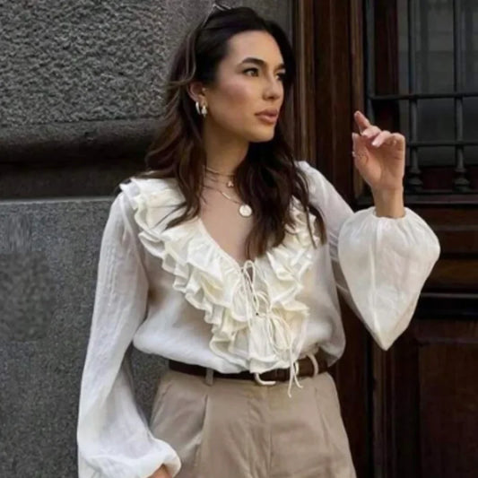 Woman 2025 Oversized Frill Blouse Spring Shirts & Blouses See-Through Chiffon Long Sleeve Top Layered Plus Size Shirts 066