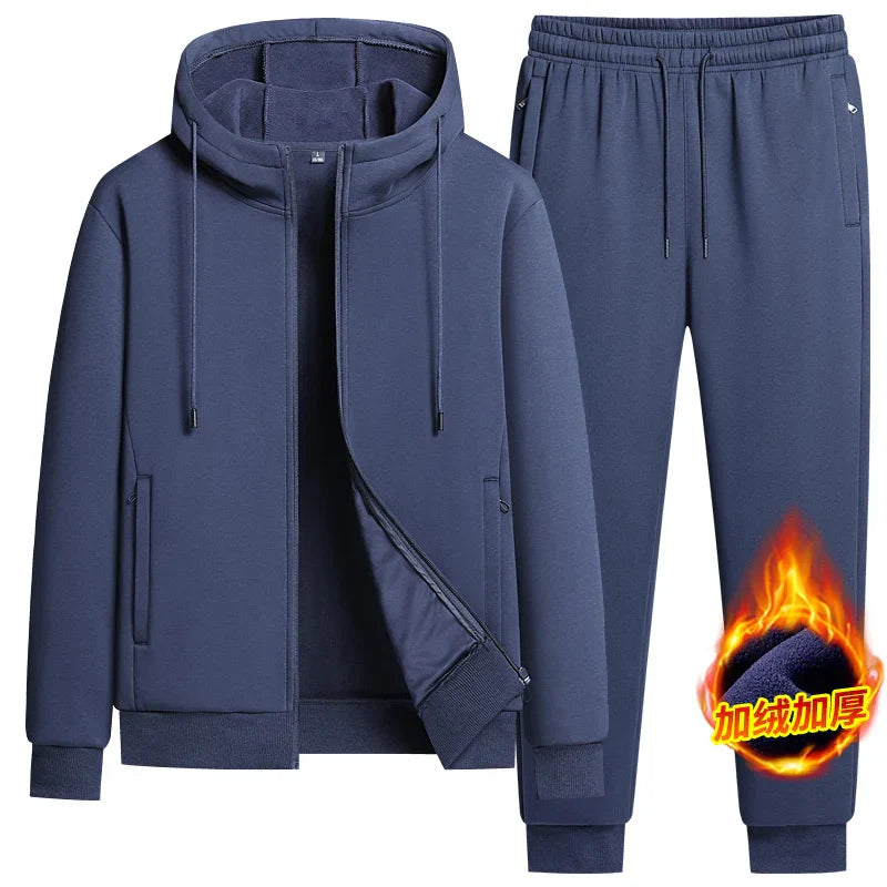 Men's Hooded Sweatshirts+ Pants Suits Male Warm Winter Fleece Sportwear Zipper Coat Warm Sports Sets Thick Hoodies Tracksuit