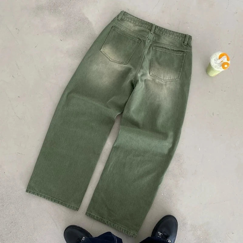 Calça Jeans Retrô Y2K Matcha Lavada Borda de Bilhar Calça Jeans Bordada Moda de Londres Estilo de Nova York Streetwear Unissex Jeans Folgado