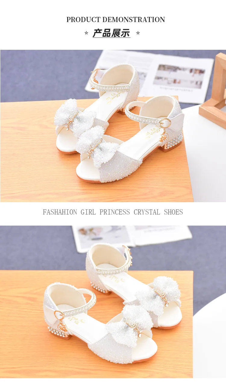 Children's Sandals Summer Princess Crystal Shoes 2024 New Girls High Heels Fashion Sequins Girls Soft Bottom Performance Shoes