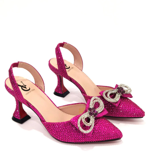 Latest Italian Design African Women's High Heel Pointed Toe Sandals Party Wedding Party Fuchsia Color Shoes and Bags Set