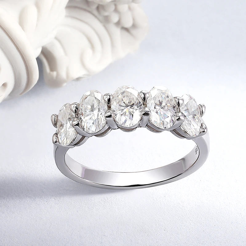 4*6mm Oval Cut Full Moissanite Ring for Women 5 Stone Lab Diamond Half Eternity Band Luxury Jewelry 925 Sterling Silver