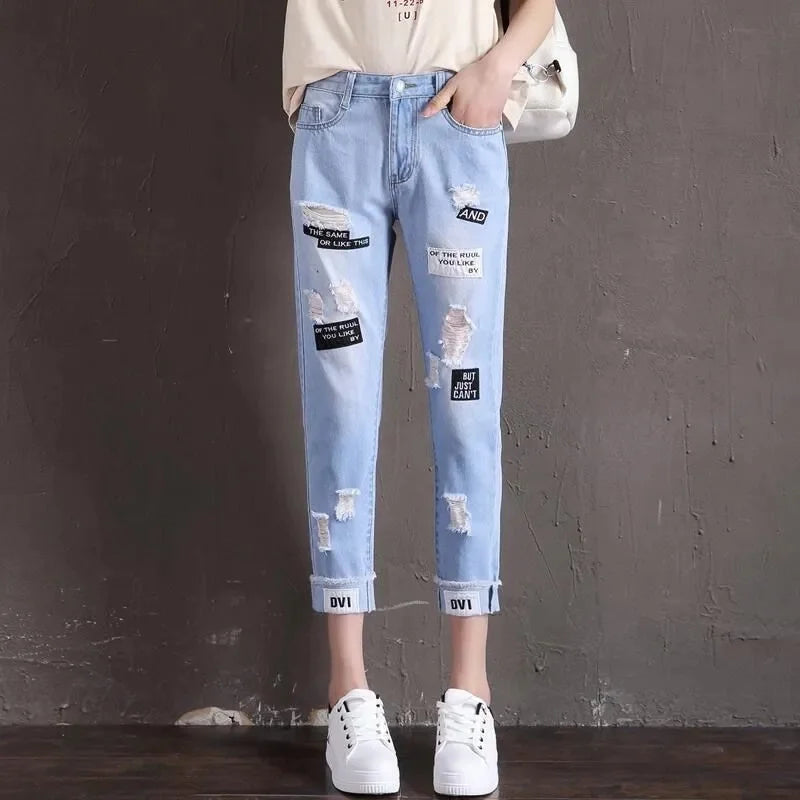 Spring Summer 2025 New Women Denim pants Thin Retro patch Embroidery Elastic waist Hole Contrast Loose Jeans pants Female