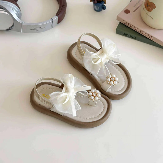 Summer Girl's Sandals Clip-toe Bowknot Elastic Band Soft Sole Kids Sliders Beautiful Pu Leather Chunky Morden Children Shoes
