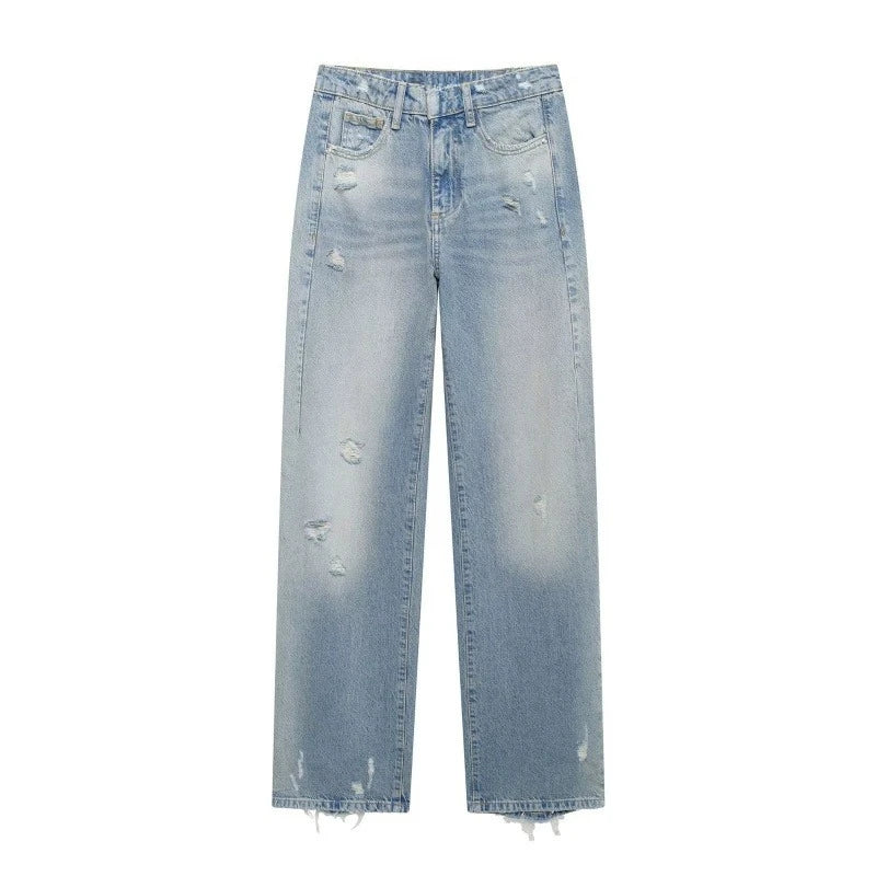 Casual Fashion Ripped Jeans for Women Pocket Zipper Button Straight Pants