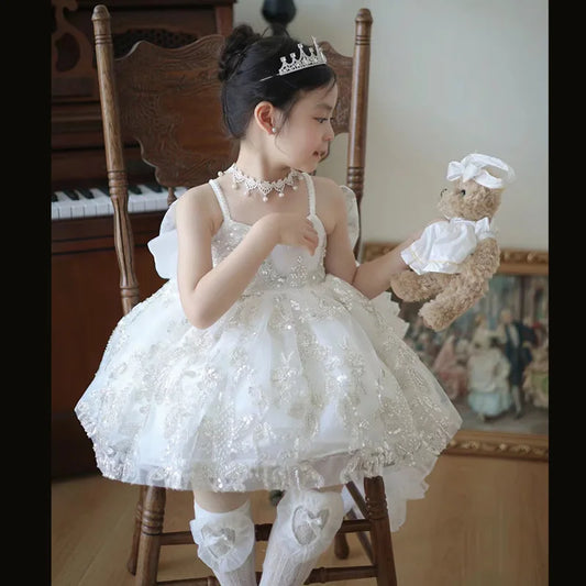Girls Lolita Princess Dress with Long Train for Birthday Party, Stage Performance - Sparkle Beads & Full Set Accessories