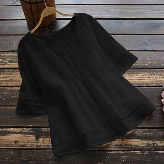New Women's Elegant Cotton and Hemp Shirt Solid Color Casual Round Neck Hollow Half Sleeve Splicing Fashion Women's Top