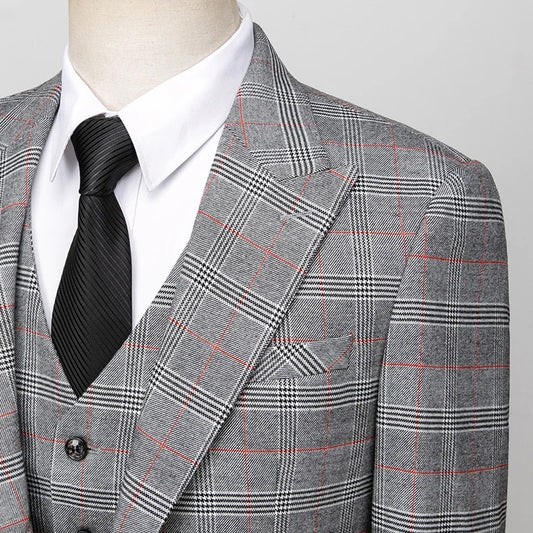 ( Blazer + Vest + Pants ) High-end Brand Gray Plaid Mens Formal Business Office Suit Three-piece Groom Wedding Dress Party Suit