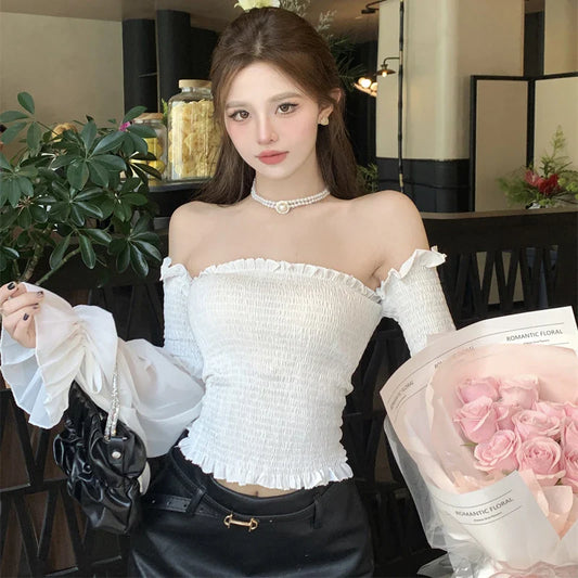 Solid Color Slim Fit Off Shoulder Sexy Women's Chiffon Shirt Sweet Flare Long Sleeved Chic Fashion New Lady Short Tops 8066