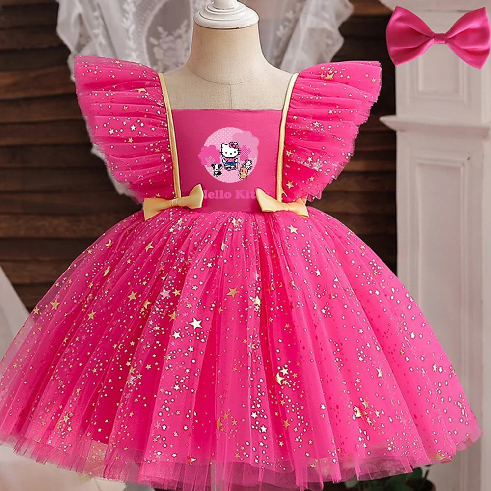 Princess Dress for Girls Sequined Star Ruffle Bow Tutu Gown Baby Formal Gala Prom Gown Kids Evening Party Costume