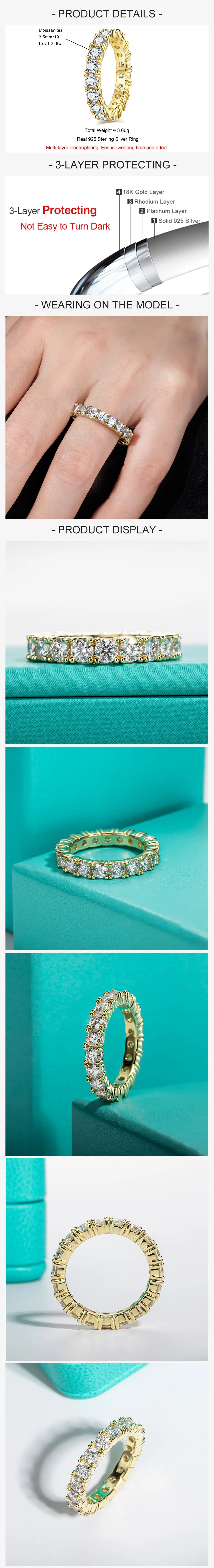 3.5mm D Color Moissanite Eternity Band Ring 925 Sterling Silver 14k Yellow Gold Plated Wedding Rings for Women Jewelry