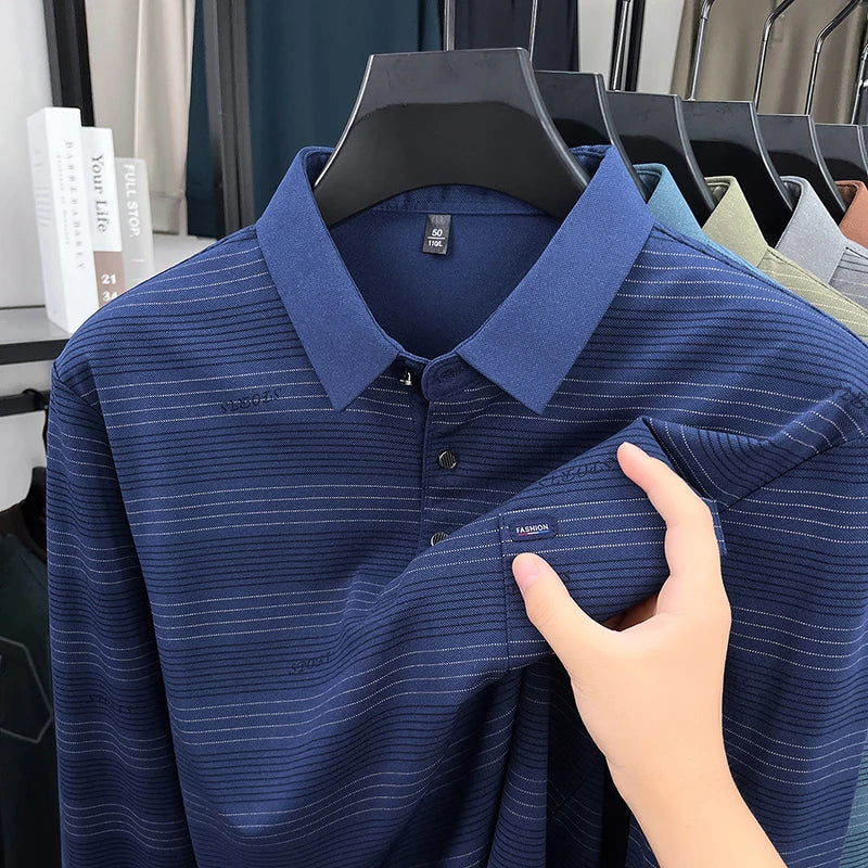 2025 long sleeved men's spring and autumn collar striped pullover top with loose pockets polo shirt