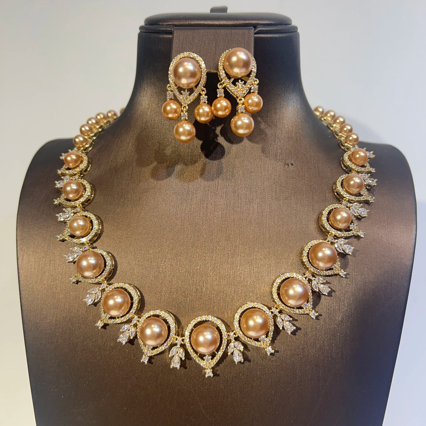 Luxury Round Shape Gold Color Pearl Necklace 2 Pieces Set , Bridal Wedding Dubai Saudi Jewelry for Women's Party