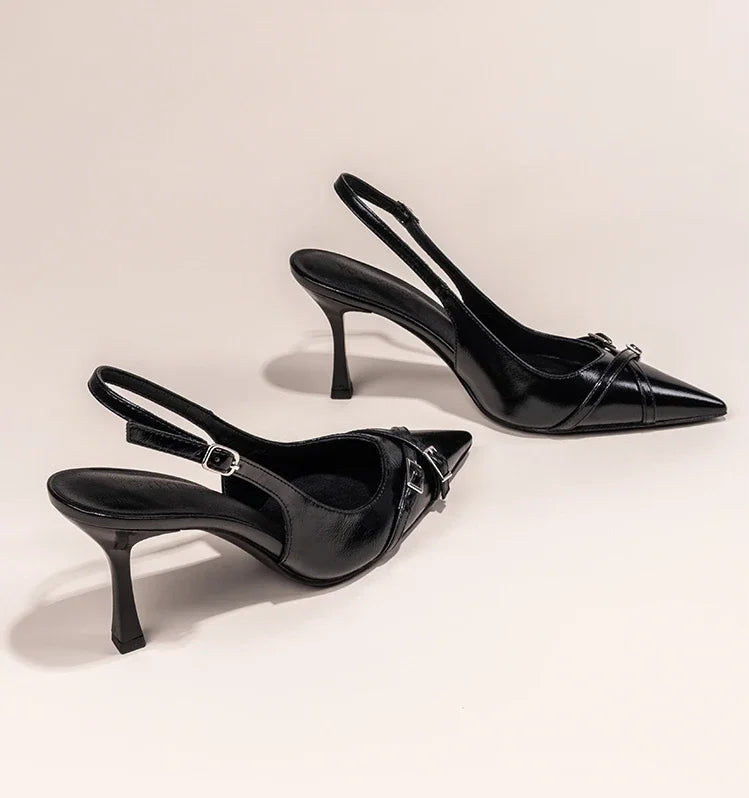 Sapatos de Salto Agulha Elegantes com Fivela, Bico Fino, Boca Rasa, para o Verão, Sapatos Femininos Pretos NO:602