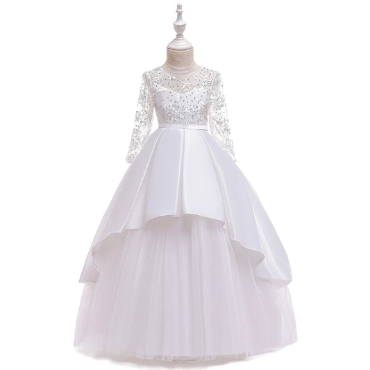 Teens Sequin Bridesmaid Girls Party Dress Long Sleeve First Communion Gown Wedding Party Princess Dresses Bow Christmas Costumes