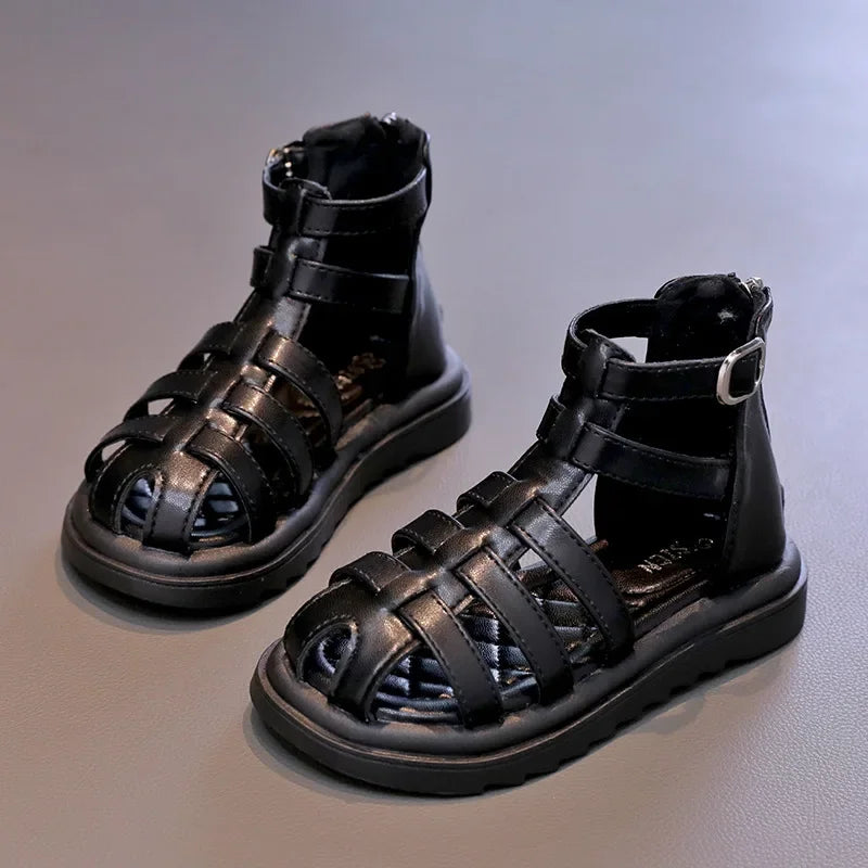 British Style Children's Sandals Girl 2024 Summer Kids Hollow-out Beach Shoes Fashion Causal Girls High-top Simple Roman Sandals