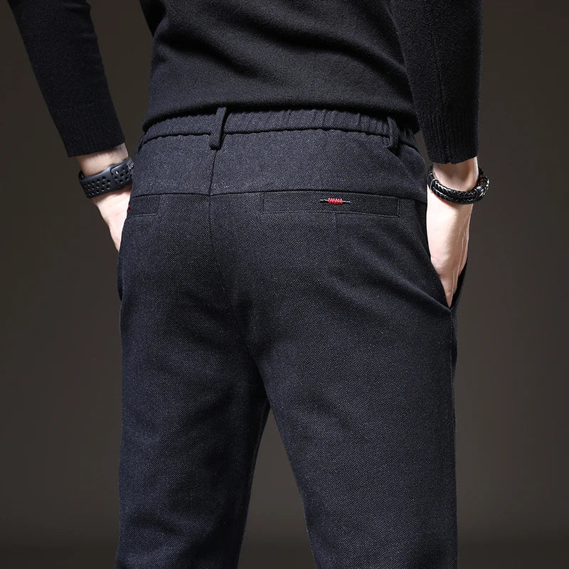 Autumn Winter Thick Men's Casual Pants Brushed Fabric Straight Slim Business Fashion Trousers Stretch Korean Male Clothing