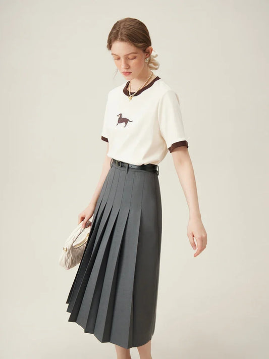 2025 New Arrival Women Zipper Waist Office Lady Elegant Grey Skirt Pleated Design Navy Blue Color Long Skirt Daily Outfits