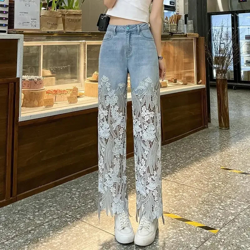 Lace High Waist Jeans Women Hollow Out Floral Long Pants Slim Straight Trousers Y2k Streetwear Splice Mom Party Club