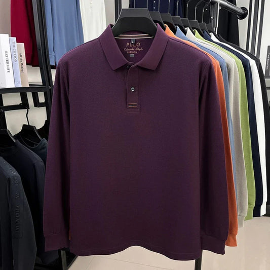 100% Breathable Cotton Men's 2025 Autumn Long-Sleeve Polo Shirt - Classic Cotton Collared Business Casual Style
