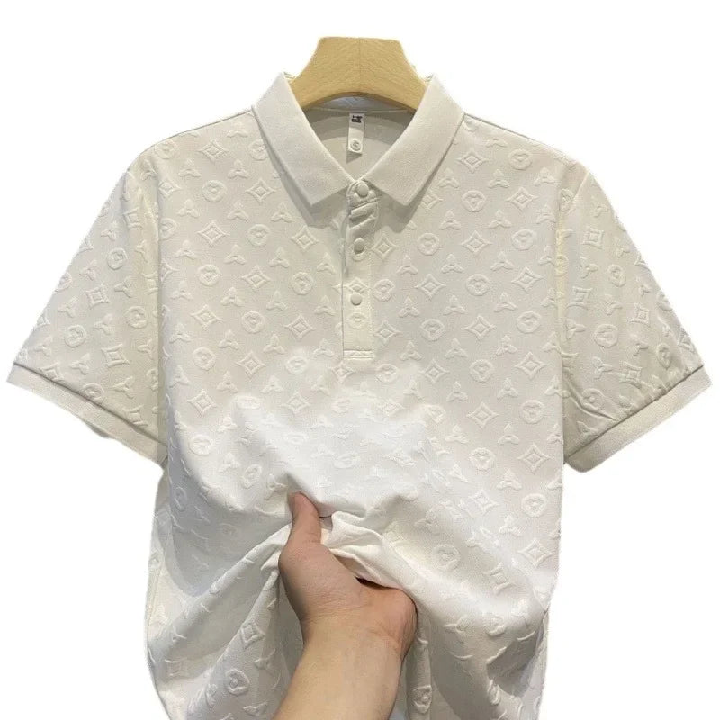 Summer New Men's Lop-up Hollow Short-sleeved Polo Tee Shirt Ice Silk Breathable Business Fashion T-Shirt Male Brand Clothes