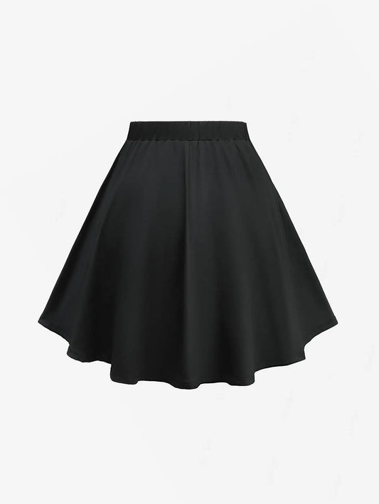 Plus Size Elastic Waist Button Plaid Skirts Silver Flocking Oversize Women's Comfortable Fit Plaid Skirt Black