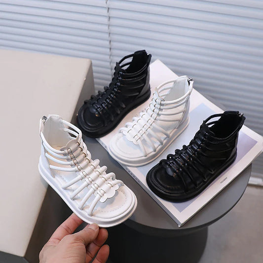 Girl's Sandals Gladiator Style Hollow-out Ankle-high Chunky Kids Summer Shoes White Black Zipper Chic Children Sliders 21-36