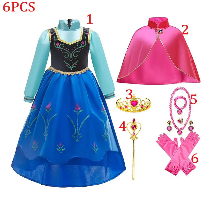 Elsa Princess Floral Frock with Cape Elsa Younger Sister Anna Disguise Dress Cosplay Party Snow Queen Cute Girl Carnival Outfit