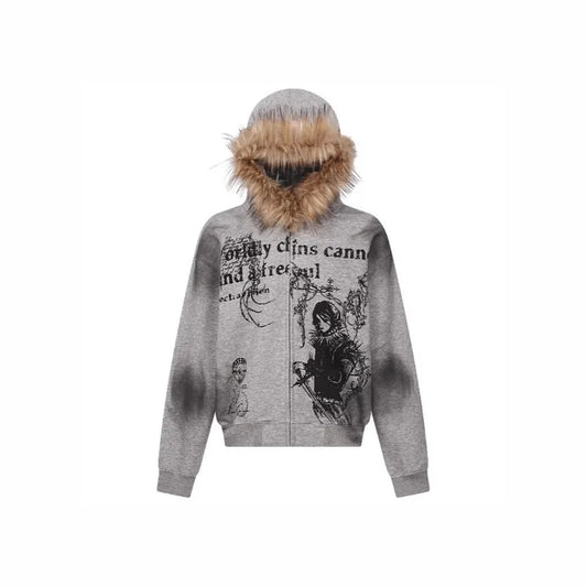 Retro Hooded Sweatshirt Loose Fitting Men's and Women's Pullover Fashionable Street Style Printed Vintage Fur Collar Sweatshirt