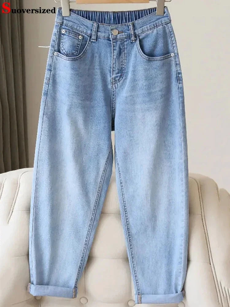 Casual Harem Jogger Jeans Elastic High Waist Denim Trousers