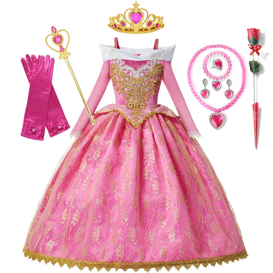 Girls Princess Dress Sleeping Beauty Aurora Cosplay Costume 2025 Kids Carnival Birthday Party Pink Long Sleeve Evening Dresses