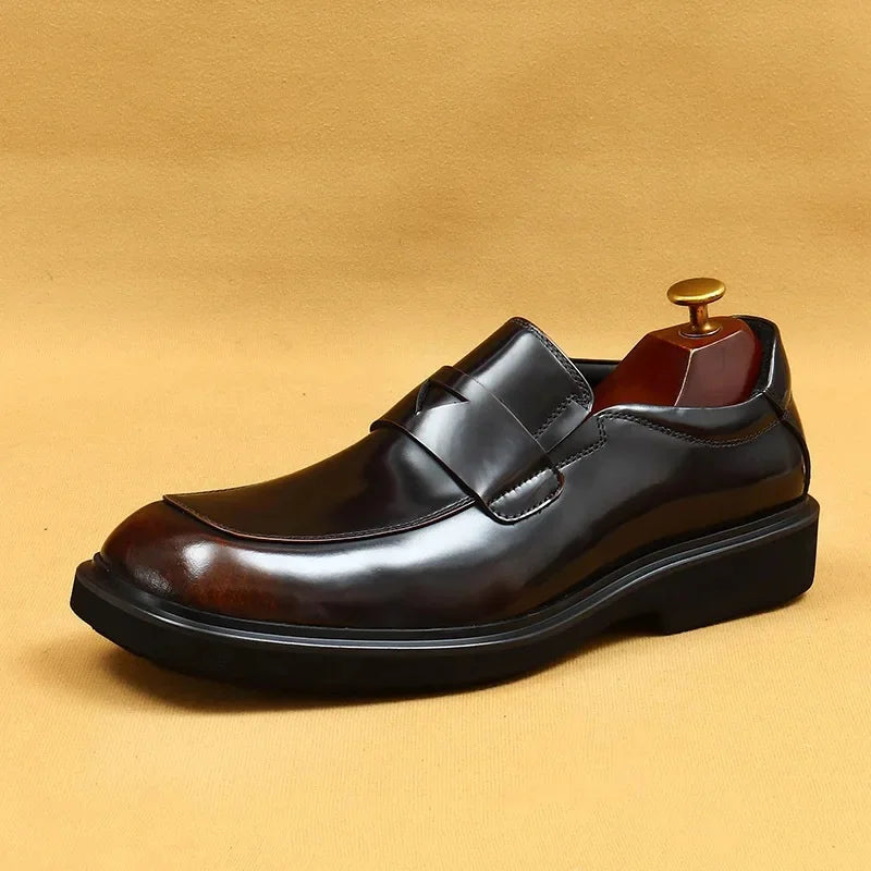 Glossy Black Thick Bottom Large Head Men's Shoes Business Casual Slip-On Loafers round Toe Leather Shoes for Adult Men