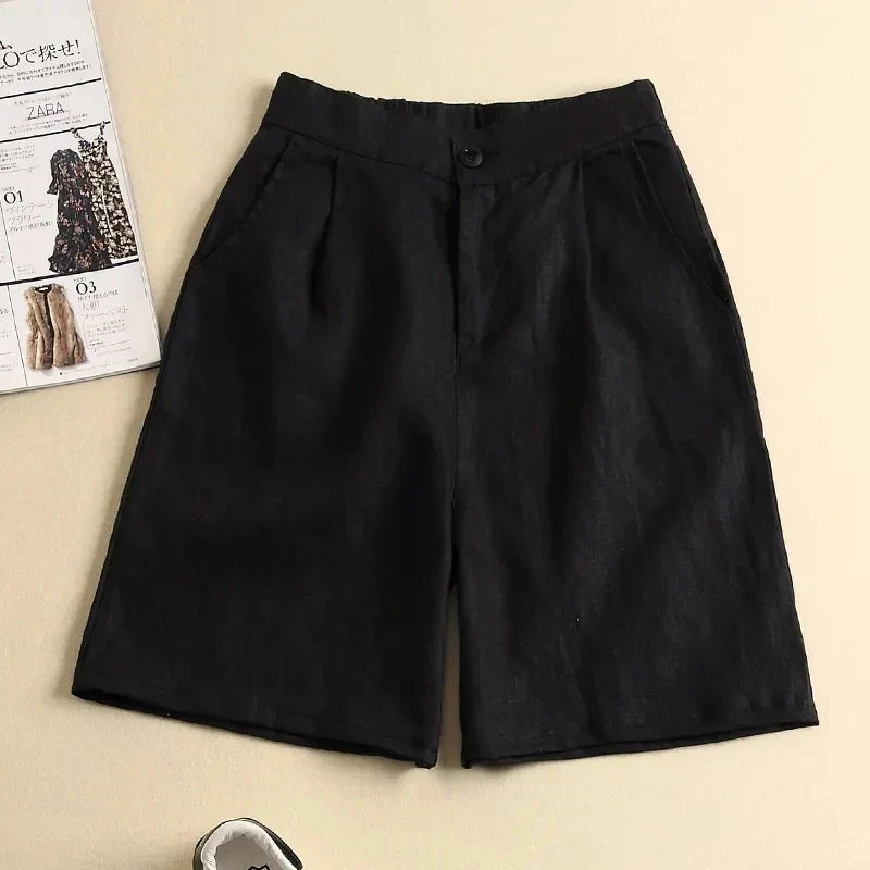 Khaki Solid Casual Linen Cotton Elastic High Waist Wide Leg Button Loose Women's Shorts Korean Fashion Summer Shorts Women 2024