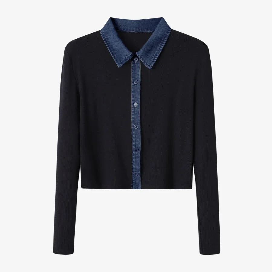 ribbing cardigan with denim collar + sleeveless maxi dress matching set for woman clothes