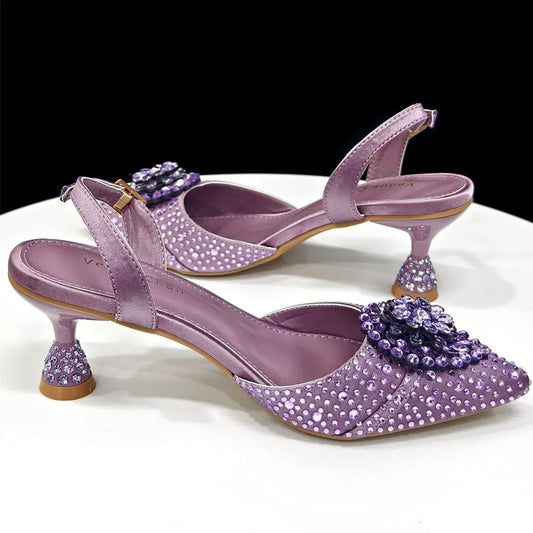 Italian Luxury Rhinestone Taro Purple Pointed Toe High Heel Shoe & Bag Set for Women - Perfect for Parties