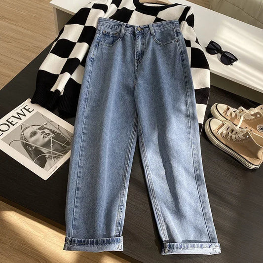 Autumn Collection High-Waisted Slimming Straight-Leg Denim Jeans Women's Loose-Fit Korean Style Ninemoth Half Pants