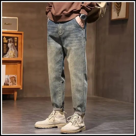 Calça Jeans Masculina Primavera Vintage Elástica Casual Longa Calça Reta Slim Algodão Poliéster Lavada para Adolescentes