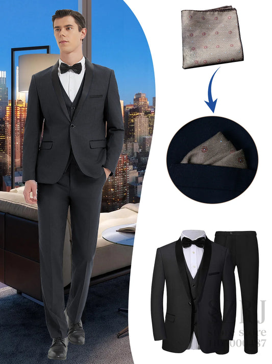 Men'S 4pcs Tuxedo Suit: Jacket, Vest, Dress Pants &Pocket Square