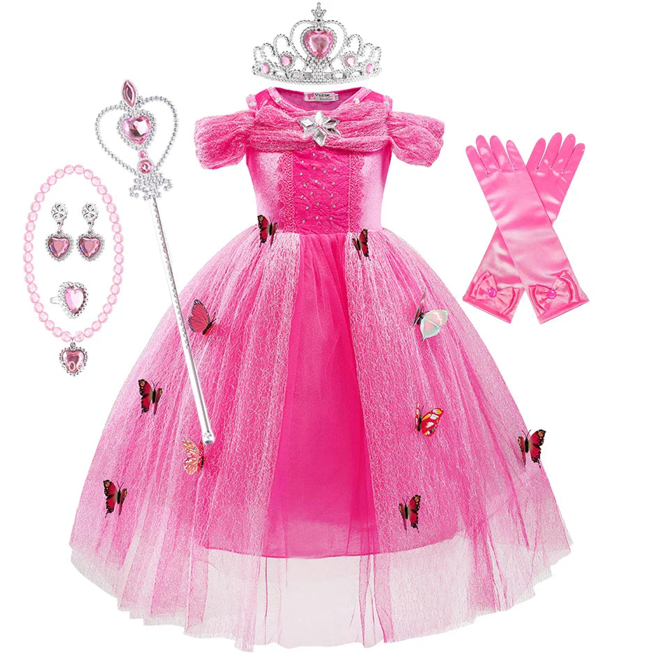 Summer Girls Sleeping Beauty Auroro Princess Halloween Cosplay Dress Off Shoulder Kids Gift Fancy Party Princess Clothing