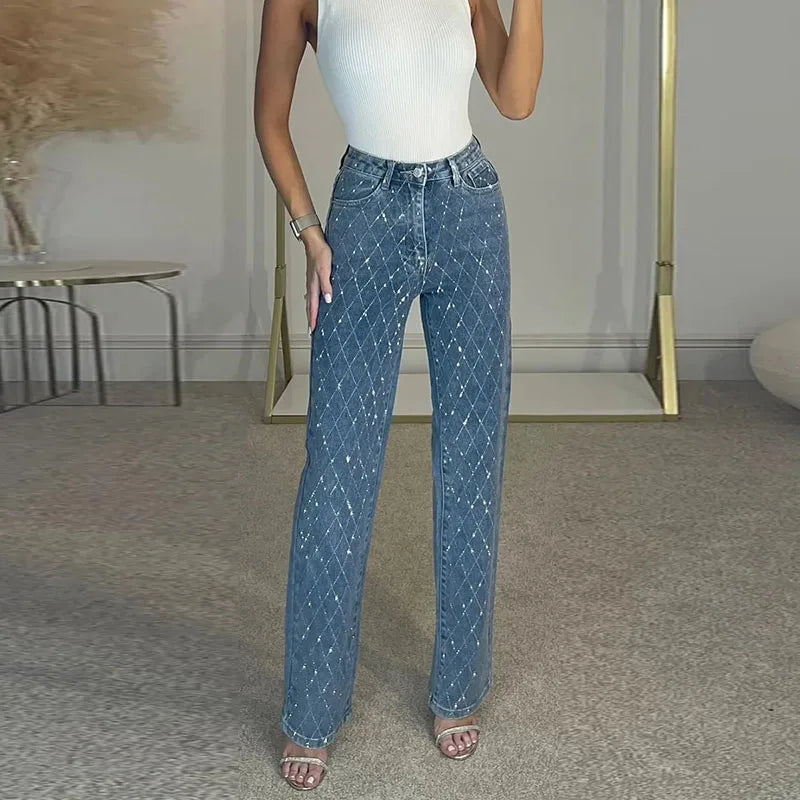 Y2K Women Rhinestone-Shaped Denim Trousers