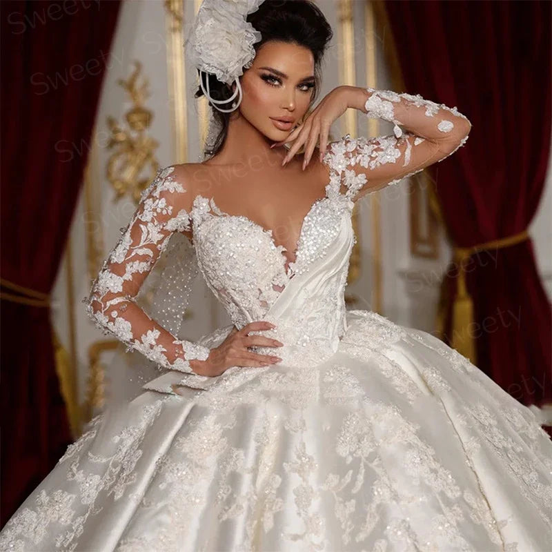 Vintage Wedding Dress Satin With Embroidery Lace Princess Ball Gown O-Neck Full Sleeve Customized Bride Dress Vestido De Novia